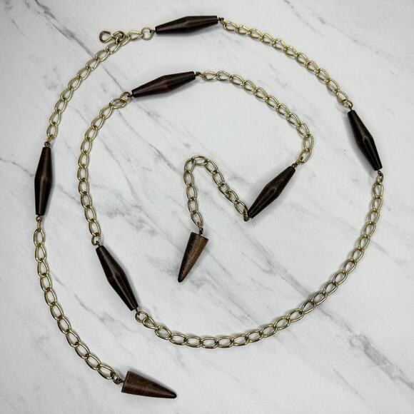 Wood Beaded Gold Tone Metal Chain Link Belt One Size (OS) ✨ - Picture 1 of 12